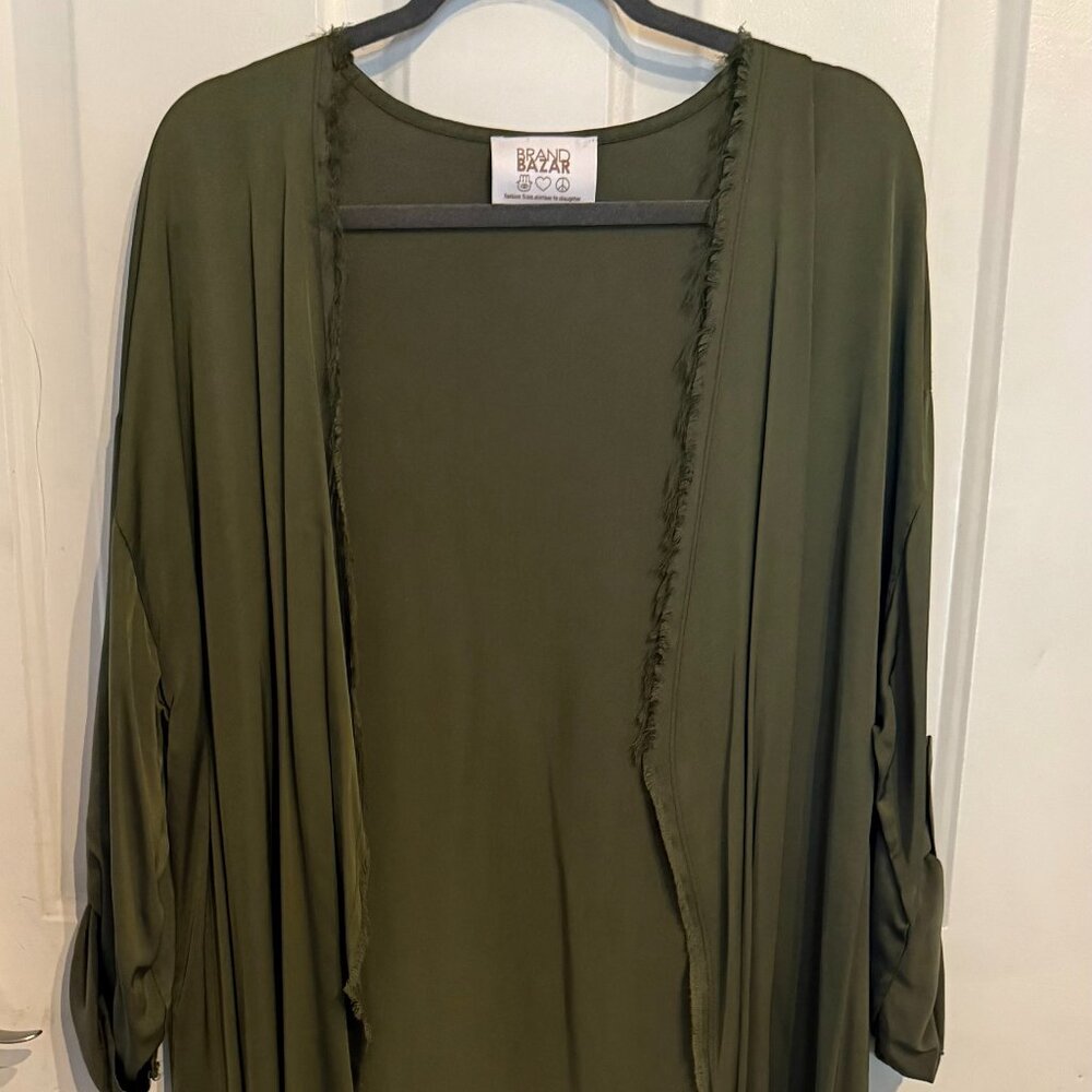 Long Sleeve Olive Green Silk Long Overshirt